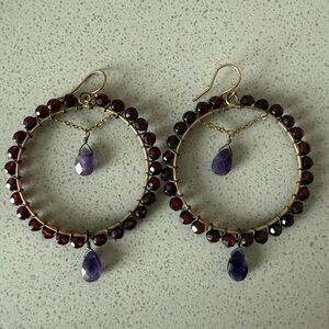 Anthropologie Purple and Red Beaded Hoop Earrings